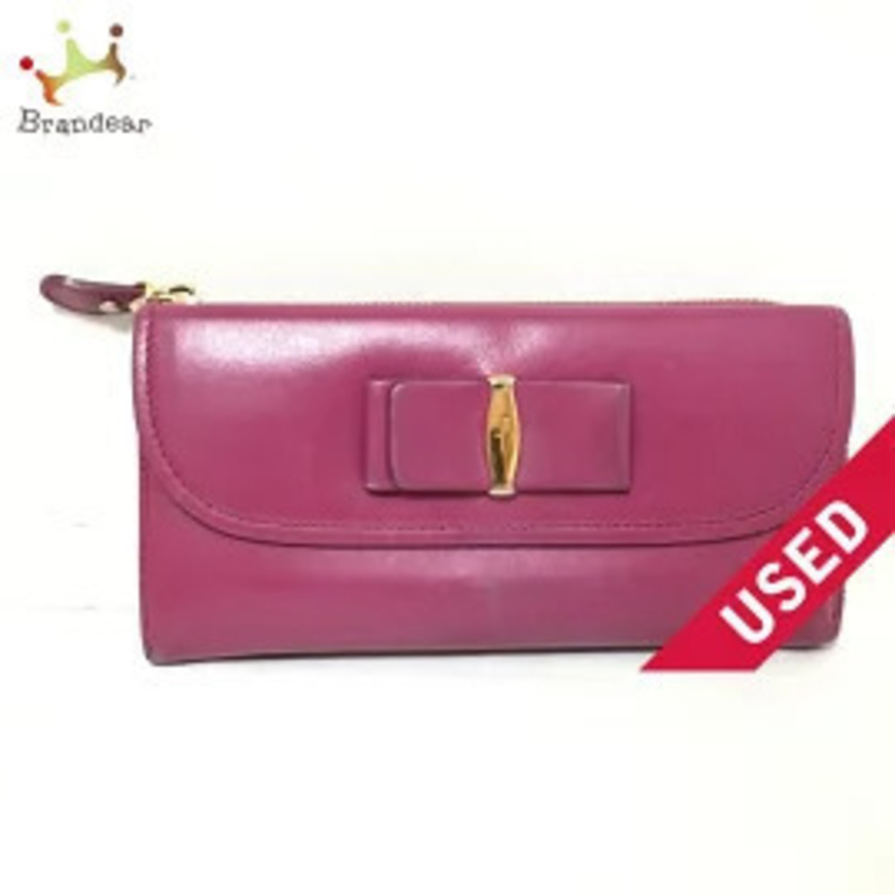 Salvatore Ferragamo Long Wallet Ribbon L shaped Zipper Pink x Gold Leather